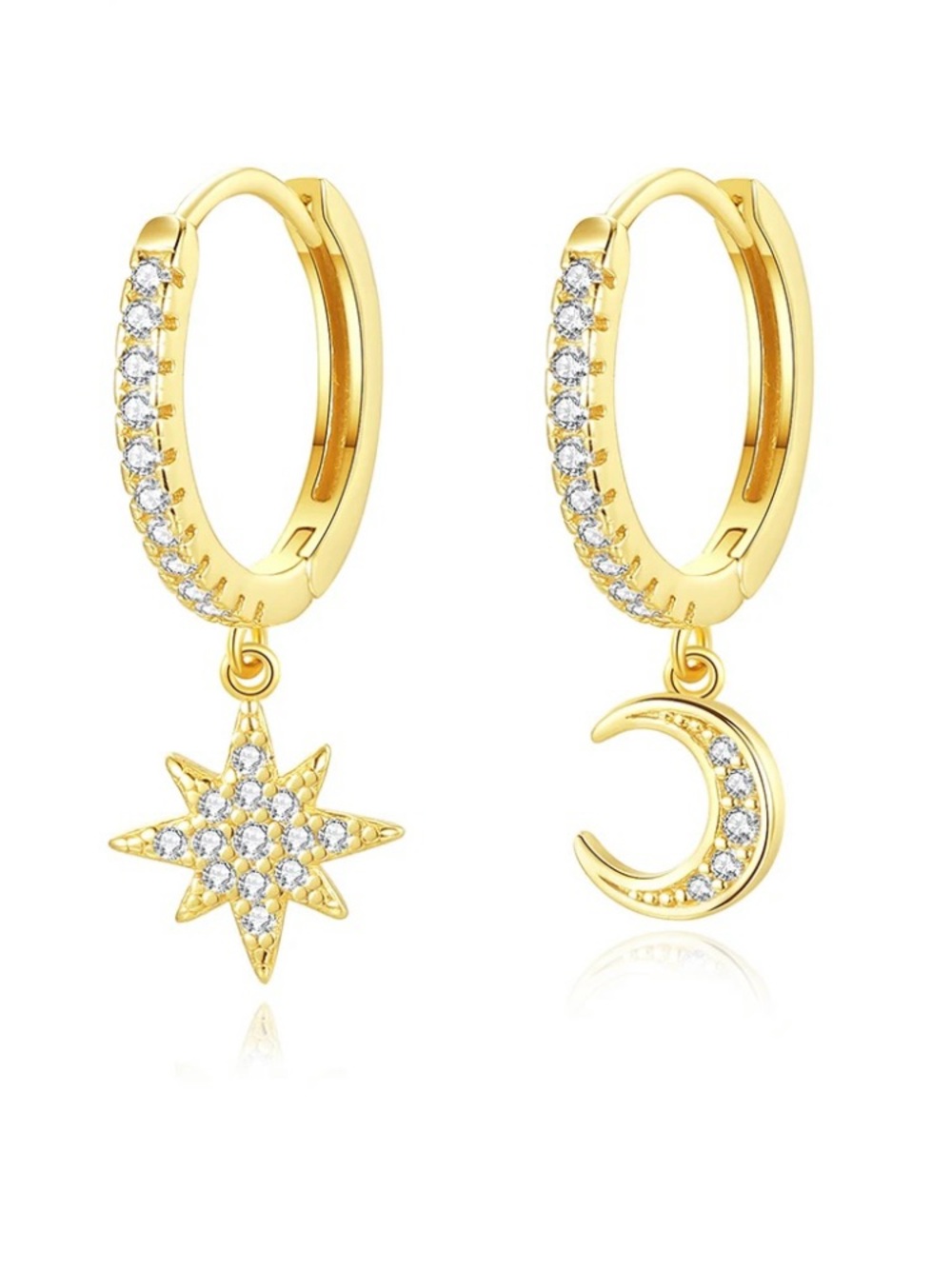 18k Yellow Gold Plated S925 Crystal Star & Moon Huggie Hoop Earrings